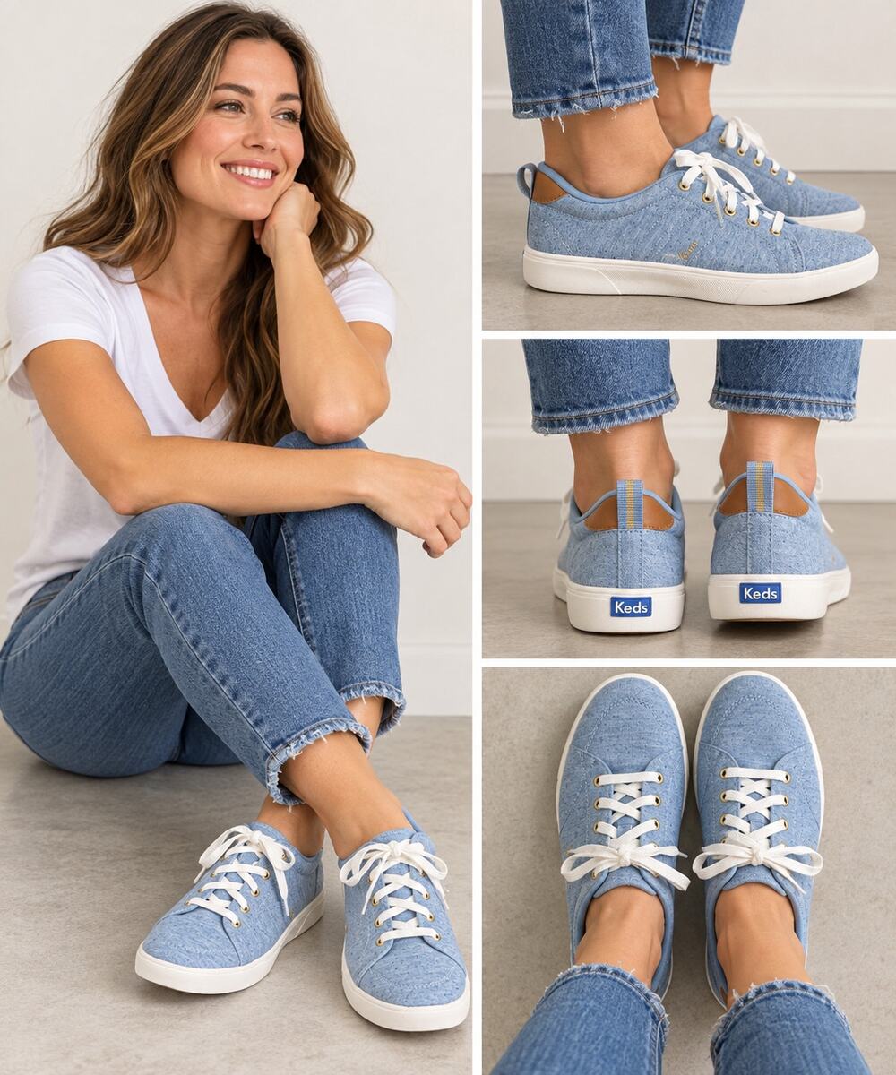 Keds Sneakers Women 9M Blue Chambray Lace Up Ortholite Gold Eyelets Casual